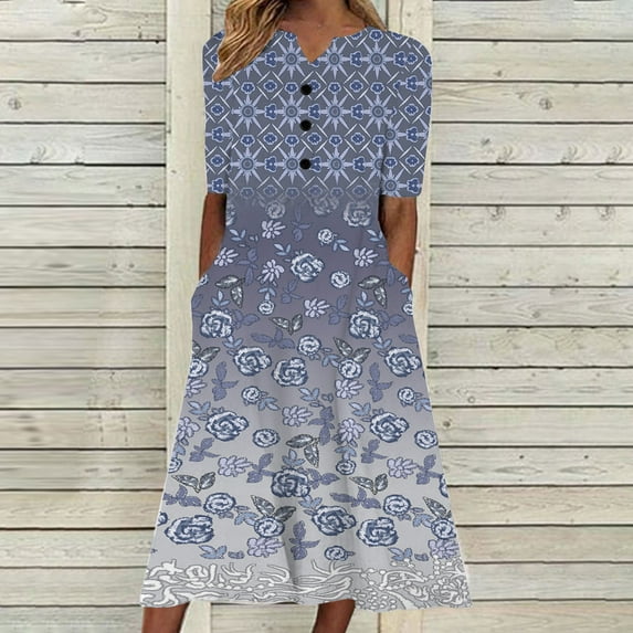 Edvintorg Summer Outfits for Women 2025 Fashion Printing Short Sleeve V-Neck Casual Pockets Dresses Vacation Outfits for Women
