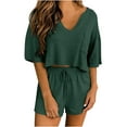 thumbnail image 1 of Edvintorg Summer Outfits for Women 2025 Women Two-Piece Color-Blocking V-Neck Short Sleeve Shirt Short Sets Fashion Casual Suit Army Green XL, 1 of 5