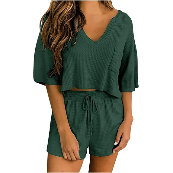 Edvintorg Summer Outfits for Women 2025 Women Two-Piece Color-Blocking V-Neck Short Sleeve Shirt Short Sets Fashion Casual Suit Army Green XL