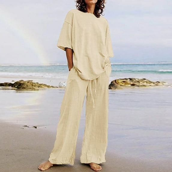 Summer Savings Clearance! Edvintorg Summer Sets For Women 2023 Cotton And Linen Women'S Lounge Sets Fashion Short Sleeve Solid Shirts Trousers Casual Plus Size 2Pcs/Set Khaki XXXXL