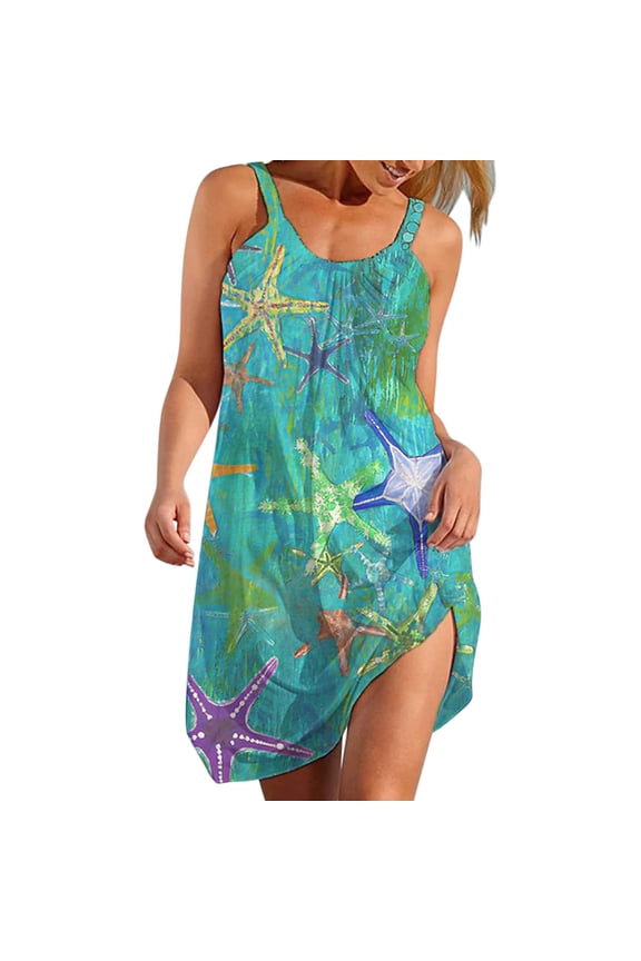 Sun Dresses Women Summer Casual Boho Style Floral Printed Dress Sleeveless Beach Mini Dresses