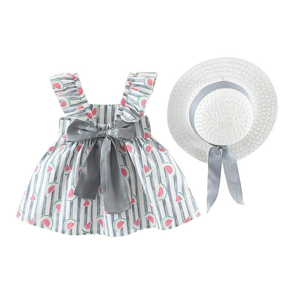 Edvintorg Toddler Baby Girls Clothes Summer 2025 Cute Bow Decoration Flower Print Suspender Dress with Hat Girls Outfit Sets