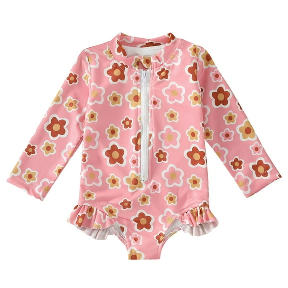 Edvintorg Toddler Baby Swimsuit Girl Cute Printed Cover Long Sleeve Beach Zipper Swimsuits Jumpsuit One Piece Bathing Suit 12M-5Y Children's Swimwear for Girls
