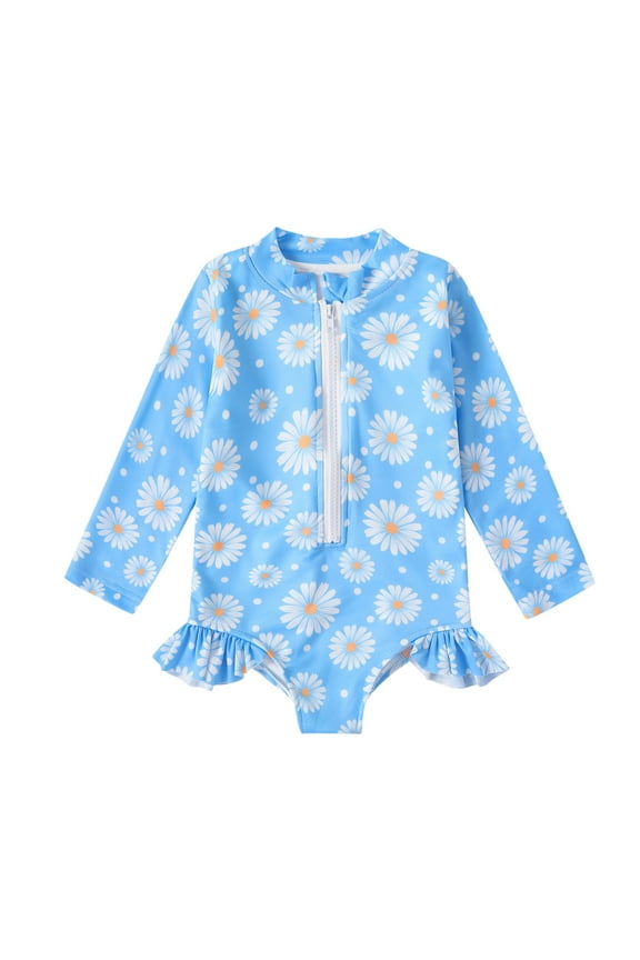 Toddler Girls Bathing Suit Cute Printed Cover Ruffles Swimsuits Jumpsuit with Zipper One Piece Long Sleeve Swimwear 12M-5Y Children's Beachwear