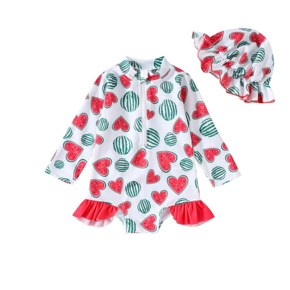 Edvintorg Toddler Swimsuit Girl Summer Watermelon Printing Long Sleeve Half Zip Jumpsuit Swimsuit and Hat Two Pieces Bathing Suit 0-3T Girls' Swimwear
