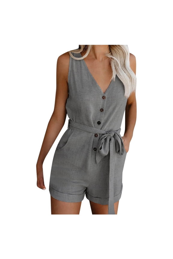 Trendy Women's Summer Casual Shorts Jumpsuit Plain V Neck Button Down Sleeveless Tank Top Rompers with Pockets