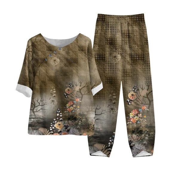 Edvintorg Two Piece Outfits for Women Vintage Clothes Summer Suit Fashion Short Sleeve Solid Color Shirt Pants Sets Casual Loungewear Suit Green L