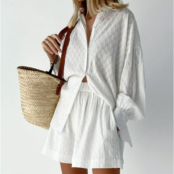 Summer Savings Clearance! Edvintorg Two Piece Set For Women 2023 Streetwear Women Summer Suit Fashion Solid Color Long Sleeve Shirt Short Trousers Casual Two-Piece Suit White S