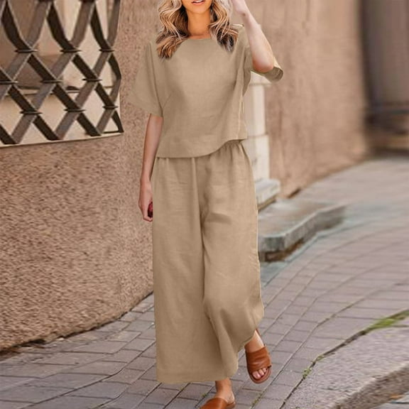 Edvintorg Two Piece Set for Women Cotton and Linen Summer Outfits Fashion Solid Round-Neck Casual Short Sleeve Top + Wide Leg Pants Lounge Set Khaki M