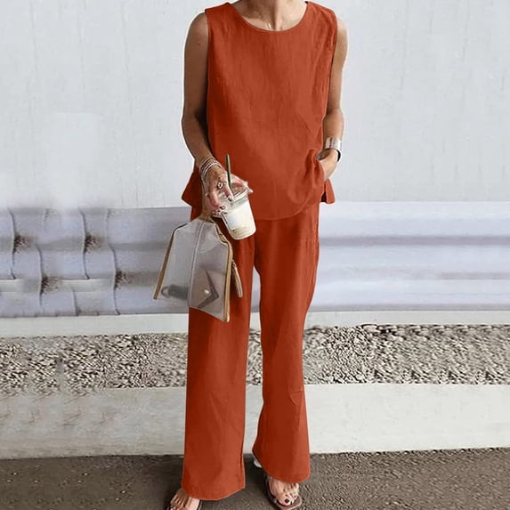 Edvintorg Two Piece Sets for Women Going Out Summer Suit Fashion Solid Color Vest Trousers Pants Sets Casual Matching Set Orange S