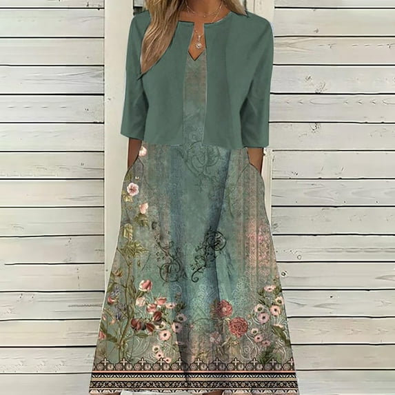 Edvintorg Two Pieces Dress Sets Women's Summer Printed V-Neck Elegant A Line Tank Dress and Half Sleeve Cardigan Tops Set Suit Army Green XL