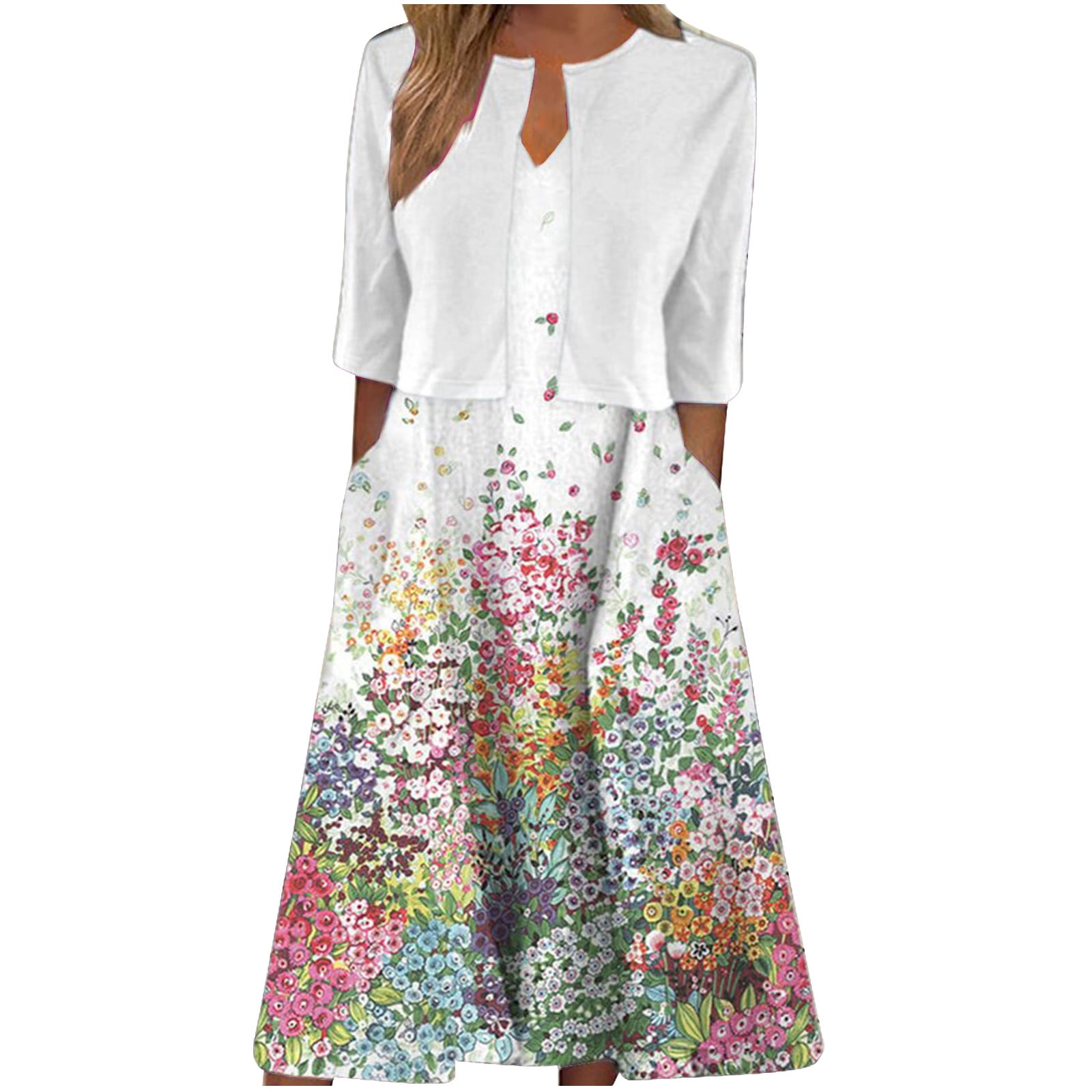 Summer Savings Clearance! Edvintorg Two Pieces Dress Sets Women'S Summer Printed V-Neck Elegant A Line Tank Dress And Half Sleeve Cardigan Tops Set Suit Blue XXL