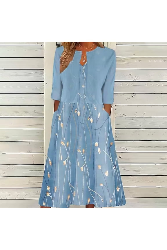 Two Pieces Dress Sets Women's Summer Printed V-Neck Elegant A Line Tank Dress and Half Sleeve Cardigan Tops Set Suit Light Blue XXL