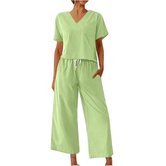 Edvintorg Vacation Outfits for Women 2 Piece Set Summer Suit Fashion Short Sleeve Solid Casual Trousers Pants Sets for Women 2025 Green XXL