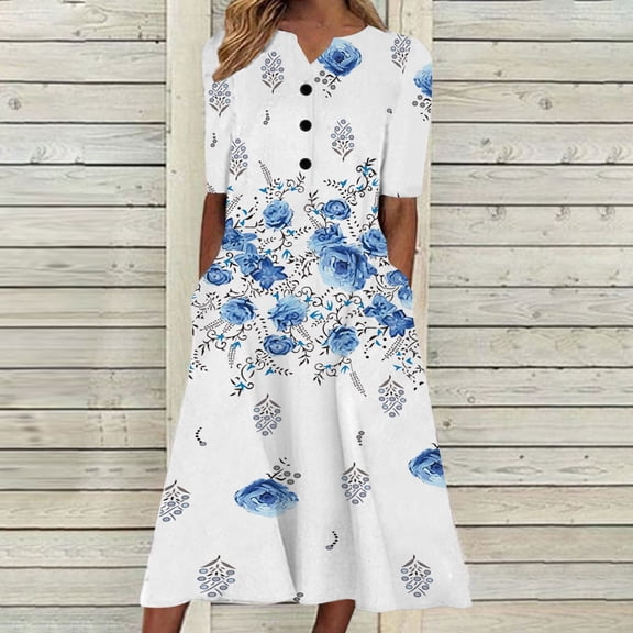 Edvintorg Vintage Dress Women Summer Fashion Casual Short Sleeve V-Neck Printing Loose Dresses Beach Outfits Midi Dress with Pockets