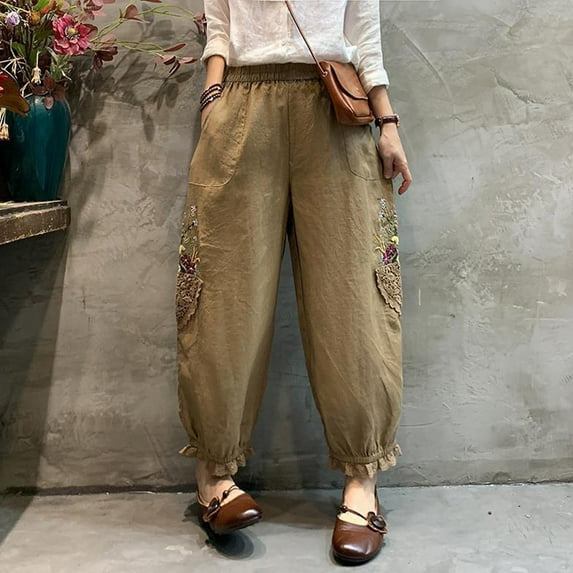 Summer Savings Clearance! Edvintorg Vintage Embroidery Pants For Women Casual Summer Drawstring Elastic High Waist Linen Pant With Pockets Plus Size Trousers Women Khaki M