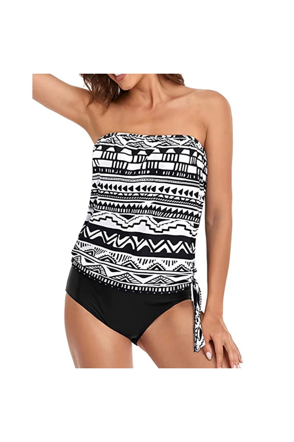 Vintage Two Piece Bandeau Swimsuits for Women Loose Fit Bathing Blouson Swim Tank Top with Bottom Modest Swimming Beachwear Tummy Control Bathing Suits