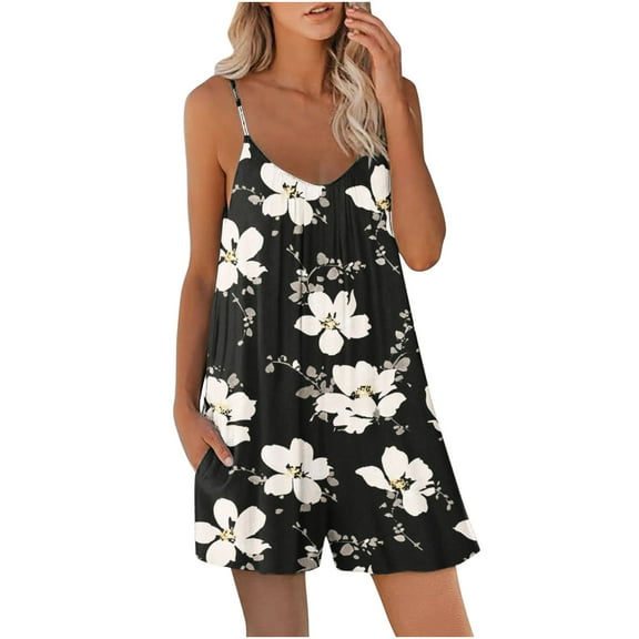 Edvintorg Vintage Womens Jumpsuits Shorts Summer 2025 Printing Leisure Spaghetti Strap Shorts Romper Jumpsuits with Pockets Loose Jumpsuit Womans Clothing