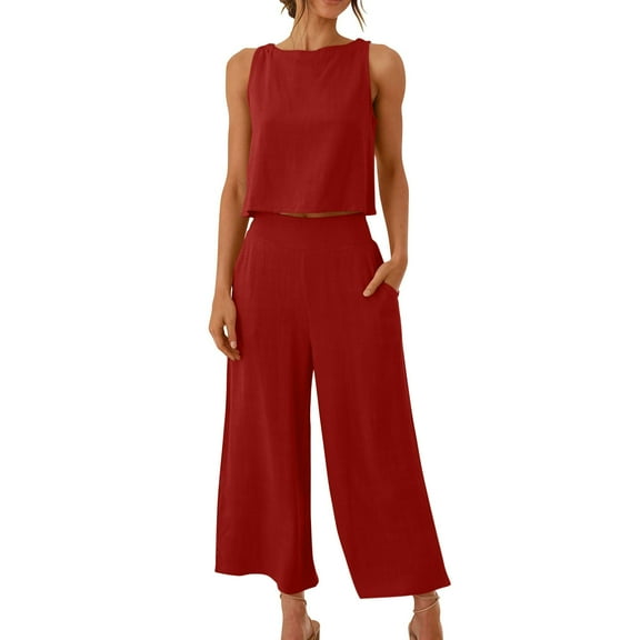 Edvintorg Wide Leg Pants Sets Women 2 Piece Outfits 2Pc Fashion Woman Round Neck Solid Sleeveless Blouse +Loose Pockets Pants Sets Red M