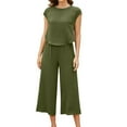 thumbnail image 1 of Summer Savings Clearance! Edvintorg Wide Leg Pants Sets Women 2 Piece Outfits 2Pc Fashion Womens Clothing Crewneck Solid Short Sleeve Top + Loose Pocket Pants Suit Army Green M, 1 of 6