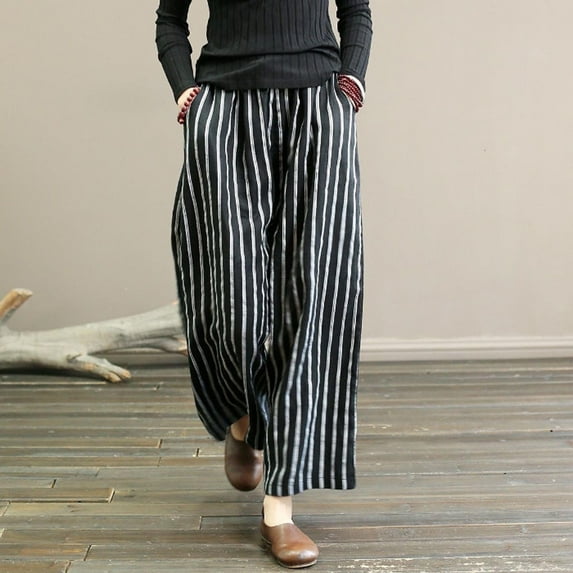 Summer Savings Clearance! Edvintorg Wide Leg Pants For Women Casual Plus Size Women's Clothings Summer Drawstring Elastic High Waist Linen Pant Pockets Cropped Trousers Womens Black XXXXL