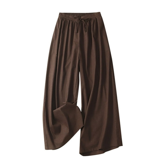 Summer Savings Clearance! Edvintorg Wide Leg Pants Women Women's Baggy Pants Spring Summer Solid Color Leisure Retro Drawstring Frenulum Broad Leg Pants Coffee M