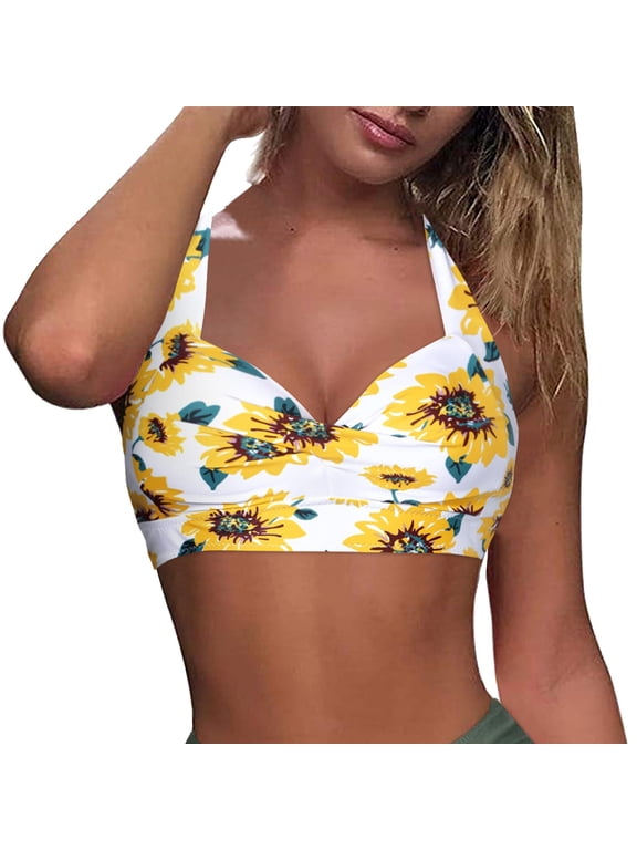 Women Bikini Top Flower/Leopard Print Push Up Swim Top Halter Retro Bathing Suit Top Padded Swimsuit Top Only