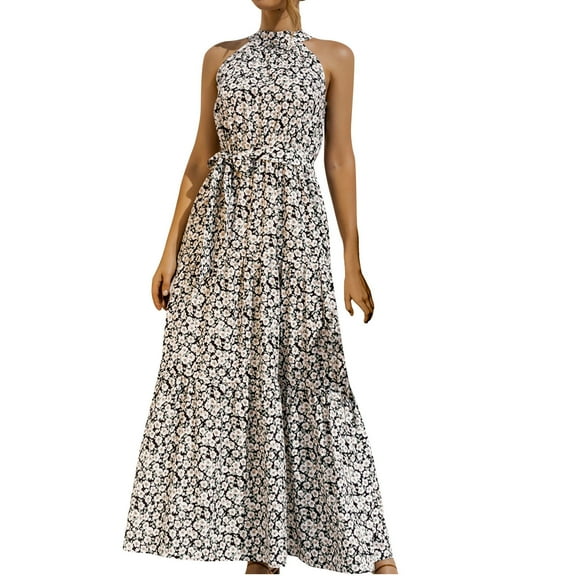 Edvintorg Women Boho Dress Fashion Summer Halter Sleeveless Print Sexy Casual Sling Long Maxi Dress Sundresses Vacation Outfits for Women