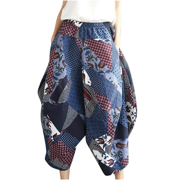 Edvintorg Women Flower Loose Harem Pants Wide Leg Pants High Waist Casual Baggy Yoga Sweatpants Pants with Pockets 90S Vintage Clothes Navy Free Size