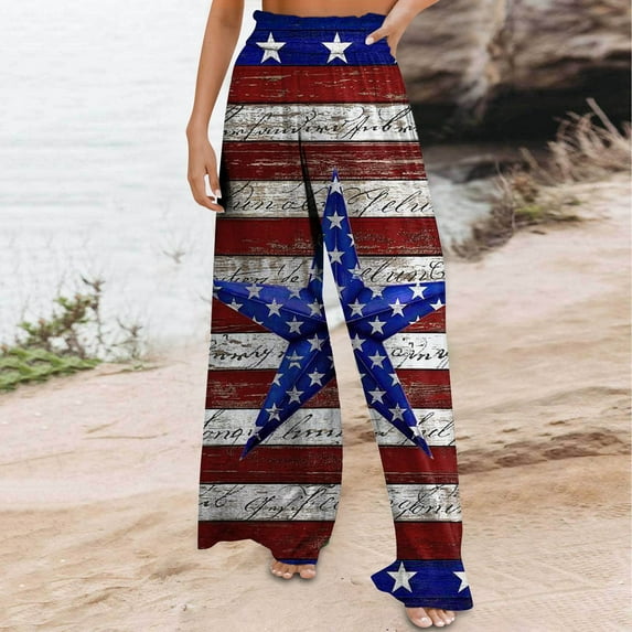 Edvintorg Women High Waist Casual Wide Leg Long Pants Fashion Independence Day Printed Loose Fit Straight Pants Trousers Sweatpants Women Blue XXL