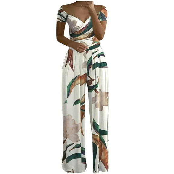 Edvintorg Women Jumpsuits Dressy Casual Sexy Off Shoulder Hollow Printed Style Leisure High Waist Wide Leg Romper Jumpsuit Elegant Jumpsuits for Women