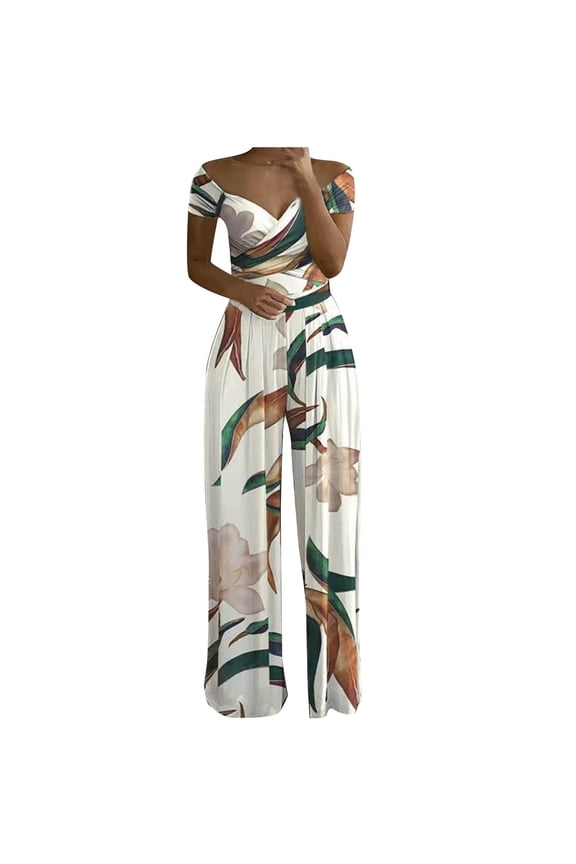 Women Jumpsuits Dressy Casual Sexy Off Shoulder Hollow Printed Style Leisure High Waist Wide Leg Romper Jumpsuit Elegant Jumpsuits for Women