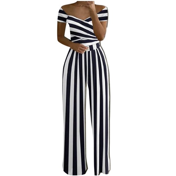 Edvintorg Women Jumpsuits Dressy Casual Sexy Off Shoulder Hollow Printed Style Leisure High Waist Wide Leg Romper Jumpsuit Elegant Jumpsuits for Women