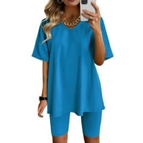 Edvintorg Women Sets 2 Piece Outfits Summer Casual Solid Color V-Neck Blouse Short Sleeve Tops Biker Shorts Sets Fashion Casual Suit Sky Blue L