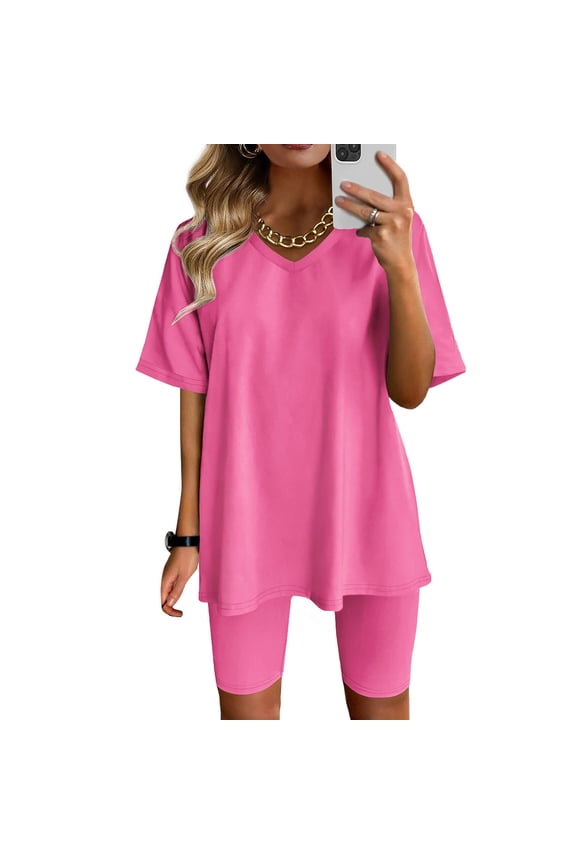 Women Sets 2 Piece Outfits Summer Casual Solid Color V-Neck Blouse Short Sleeve Tops Biker Shorts Sets Fashion Casual Suit Hot S