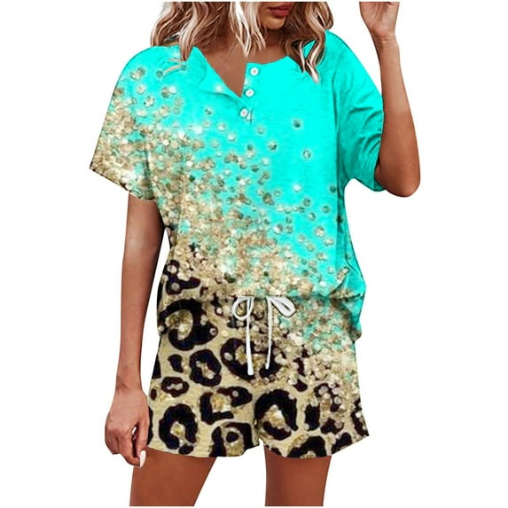 Summer Savings Clearance! Edvintorg Women Sets Two Pieces 2023 Fashion Women Casual Print Short Sleeve Button Tops Nightwear Shorts Sleepwear Sets Blue M