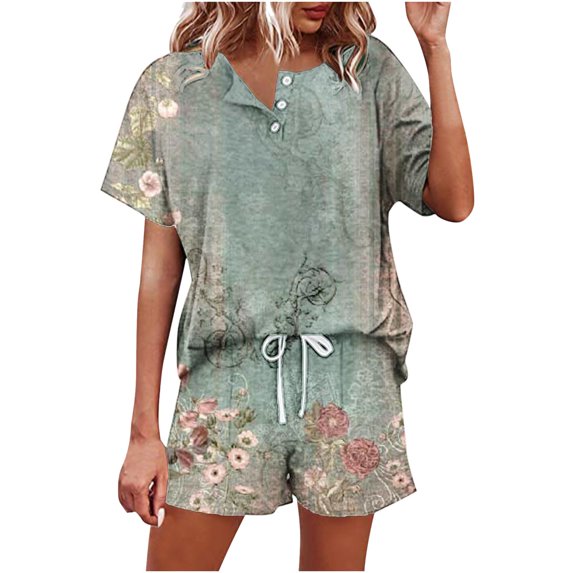 Summer Savings Clearance! Edvintorg Women Sets Two Pieces 2023 Fashion Women Casual Print Short Sleeve Button Tops Nightwear Shorts Sleepwear Sets Green L