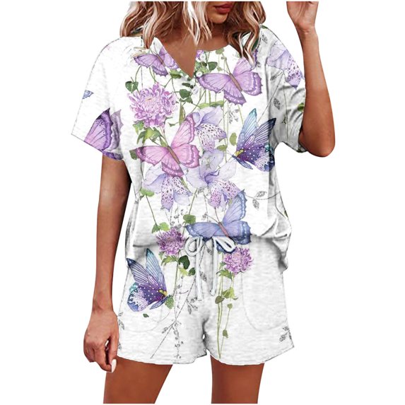 Summer Savings Clearance! Edvintorg Women Sets Two Pieces 2023 Fashion Women Casual Print Short Sleeve Button Tops Nightwear Shorts Sleepwear Sets Purple S