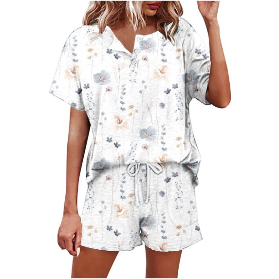 Summer Savings Clearance! Edvintorg Women Sets Two Pieces 2023 Fashion Women Casual Print Short Sleeve Button Tops Nightwear Shorts Sleepwear Sets White M