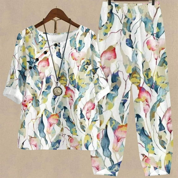 Edvintorg Women Sets Two Pieces 2025 Vintage Printed Half Sleeve Round Neck Cropped Top + Casual Pants Suit Set Plus Size Lounge Set XXXL