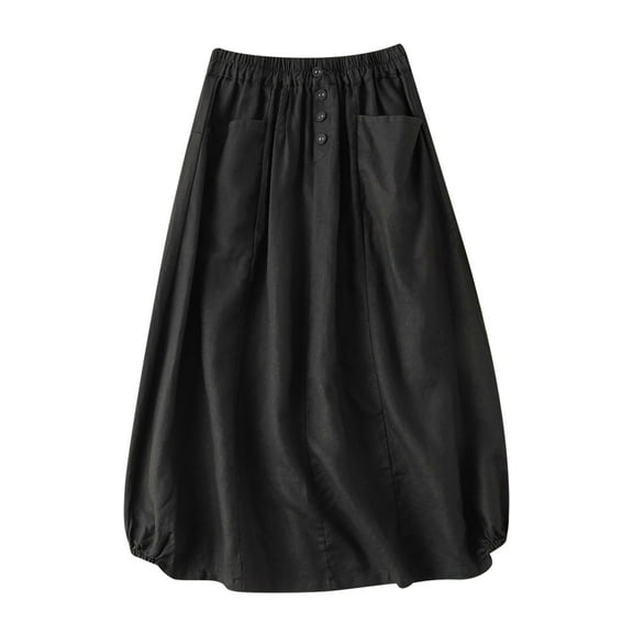 Edvintorg Women Skirts Midi Length Fashion Casual Elastic Waist Large Swing Cotton and Linen Skirt with Pocket Women's Clothings Black XXL