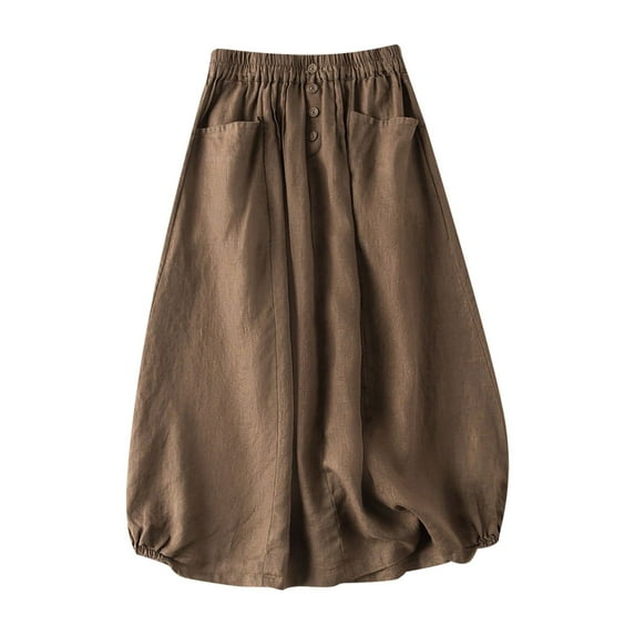 Edvintorg Women Skirts Midi Length Fashion Casual Elastic Waist Large Swing Cotton and Linen Skirt with Pocket Women's Clothings Coffee M