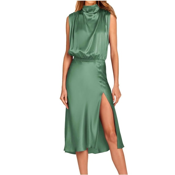 Edvintorg Women Summer formal Mock Neck Sleeveless Satin Dress Elastic Waist Slit Midi Wedding Guest Dresses 2025 Mint Green L
