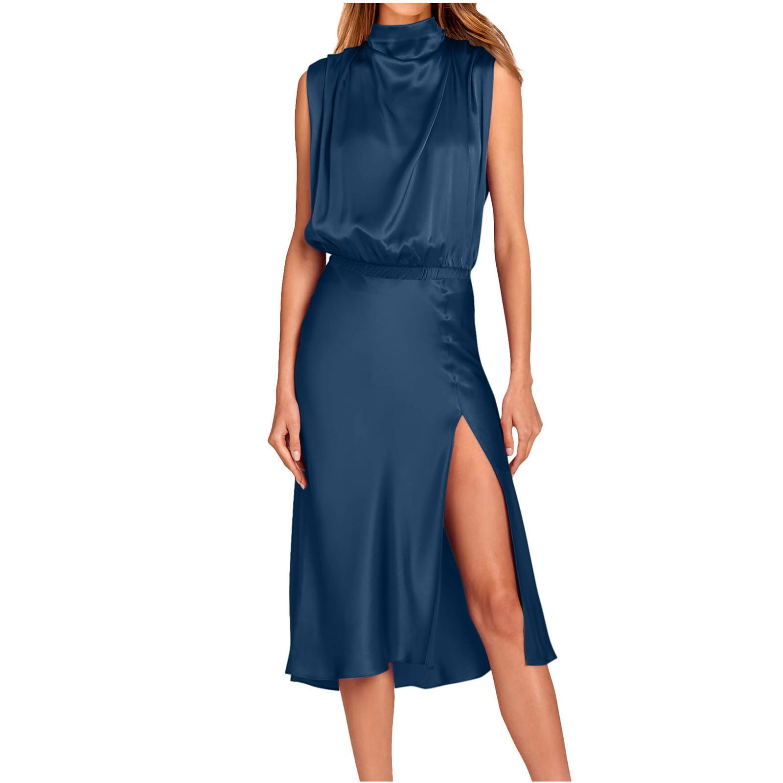 Edvintorg Women Summer formal Mock Neck Sleeveless Satin Dress Elastic  Waist Slit Midi Wedding Guest Dresses 2025 Navy XL - Walmart.com
