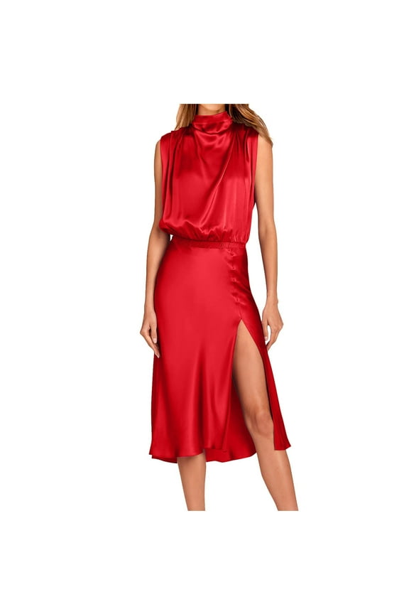 Women Summer formal Mock Neck Sleeveless Satin Dress Elastic Waist Slit Midi Wedding Guest Dresses 2025 Red L