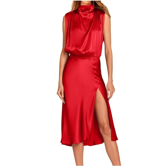 Edvintorg Women Summer formal Mock Neck Sleeveless Satin Dress Elastic Waist Slit Midi Wedding Guest Dresses 2025 Red XXL