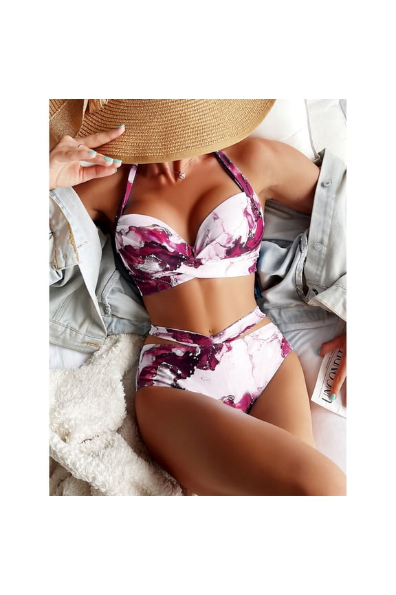 Women Swimsuits Two Piece Halter Neck Hawaiian Tropical Print Swim Bikini Crop Top High Cut Swimsuit Sporty High Waisted Bathing Suit with Bottoms