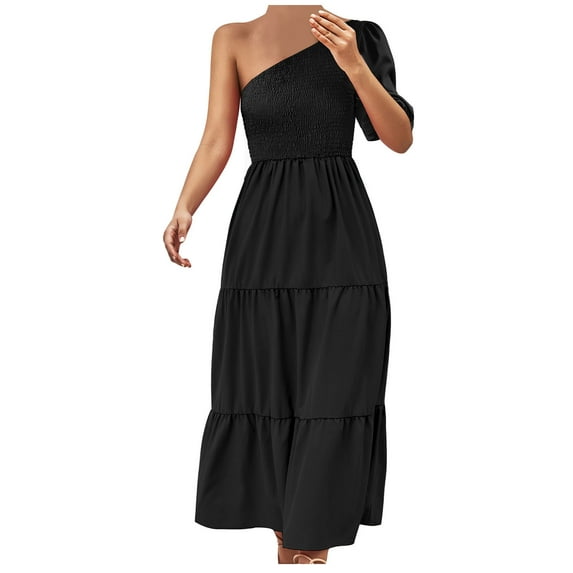 Edvintorg Women's 2025 Solid Summer Dress One Shoulder Sundresses Short Sleeve Casual Ruffle Party Beach A-Line Dresses Maxi Dresses for Women Black M