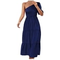 thumbnail image 1 of Edvintorg Women's 2025 Solid Summer Dress One Shoulder Sundresses Short Sleeve Casual Ruffle Party Beach A-Line Dresses Maxi Dresses for Women Blue S, 1 of 7