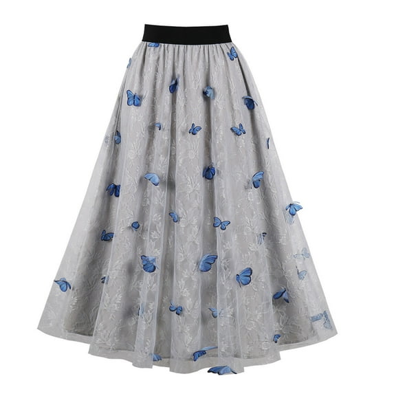 Summer Savings Clearance! Edvintorg Women's Butterfly Midi Skirt Summer Casual High Waist A-Line Swing Skirts Holiday Women's Clothing Gray M